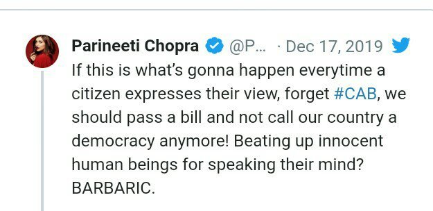 परिणीती चौपड़ा को CAB के विरोध के कारण"बेटी बचाओ बेटी पढ़ाओ" के ब्रांड एंबेसडर पद से हटाया 2 परिणीती चौपड़ा को CAB के विरोध के कारण"बेटी बचाओ बेटी पढ़ाओ" के ब्रांड एंबेसडर पद से हटाया 2